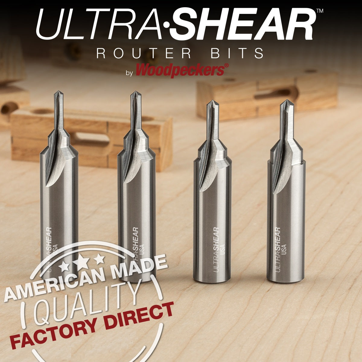 Ultra-Shear Countersink & Screw Slot Router Bit Set 1/2 SH | #6, #8, #10, #12 Screw | 2 Flute | Solid Carbide | USA Made - US5CS-4PC