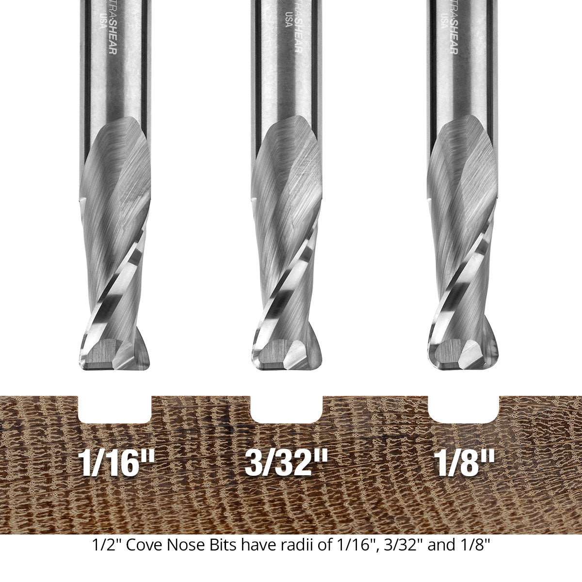 Ultra-Shear Cove Nose CNC Router Bit Set 1/2 SH | 2 Flute | Solid Carbide | Flat Bottom & Curved Edge - US5CNSET-3PC