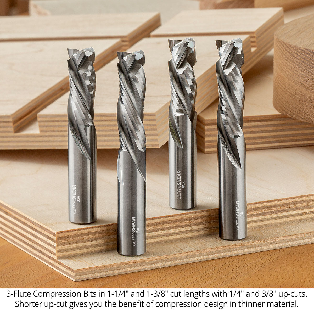 Ultra-Shear Compression CNC Router Bit 1/2 SH | 1/2 CD | 1-5/8 CL | 3 Flute | Short Up-Cut | Solid Carbide | USA Made - US5163CM