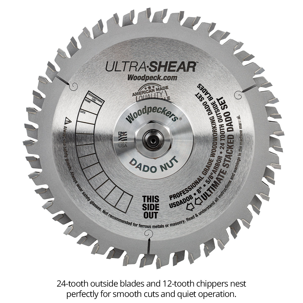 Ultra-Shear Ultimate Dado Stack Saw Blade 12 Piece Set | 8 Inch | 12-Tooth Chippers | 24-Tooth Blades | Magnetic Shims - USDADO8