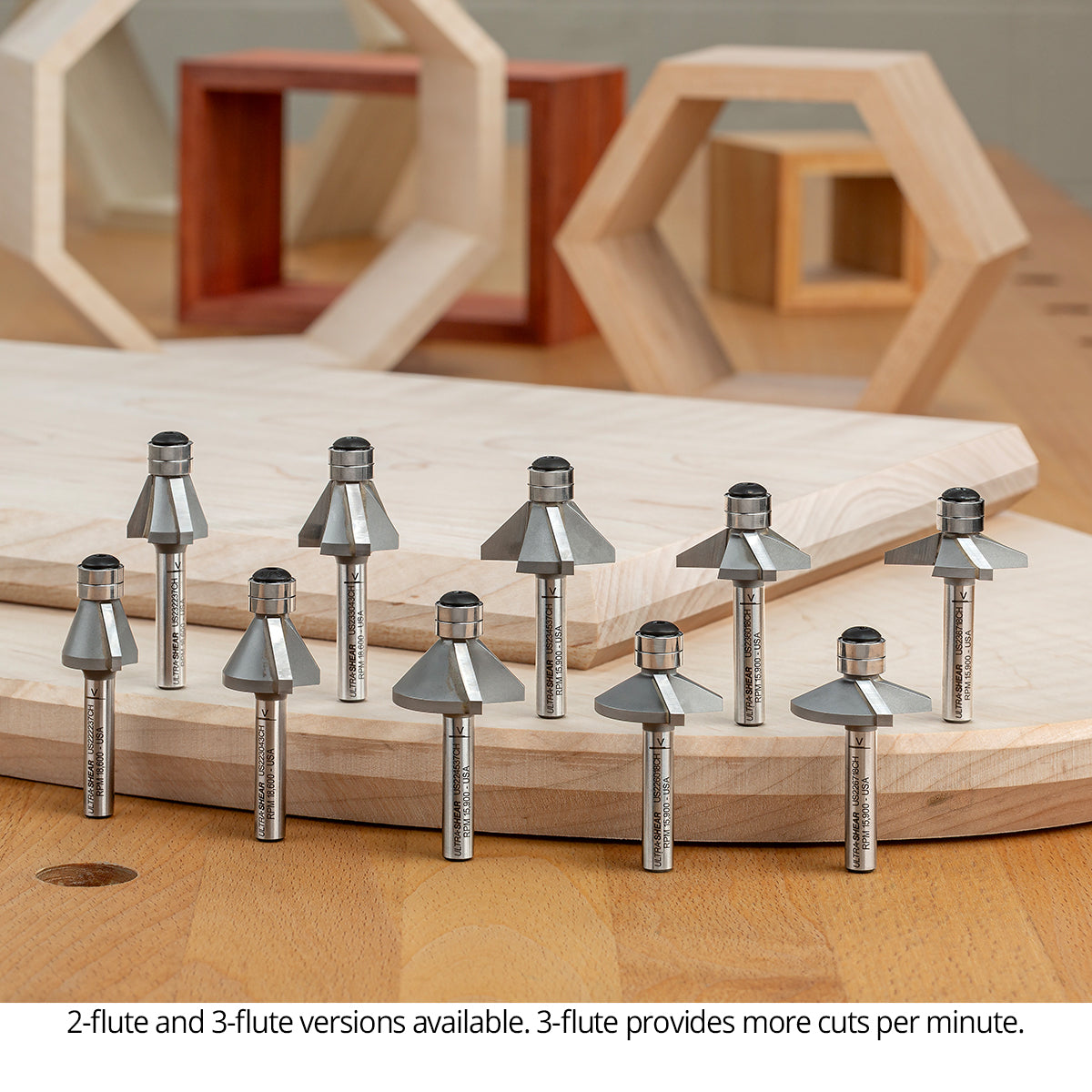 Ultra-Shear Chamfer Bits, Carbide Tipped 5 Piece Set, 1/4 SH | 2 Flute | 22.5 - 67.5 Degree | Double Bearing - US22CH-5PC