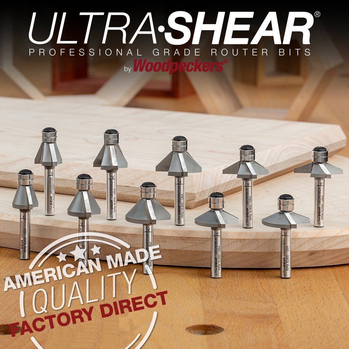 Ultra-Shear Chamfer Bits, Carbide Tipped 5 Piece Set, 1/4 SH | 2 Flute | 22.5 - 67.5 Degree | Double Bearing - US22CH-5PC