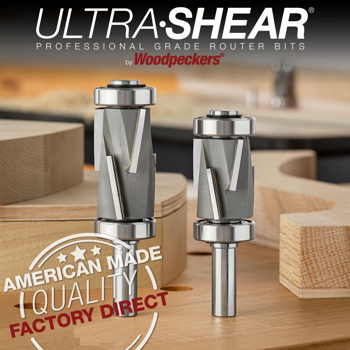 Ultra-Shear Jumbo Flush Trim Router Bit Set 1/2 SH | 1-1/4 CD | 3+3 Flute | Template Pattern | Compression | Carbide Tipped | USA Made - US5312C-2PC