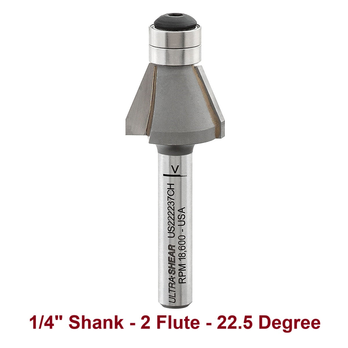 Ultra-Shear Chamfer Bits, Carbide Tipped, 1/4 SH | 22.5 Degree | 2 Flute | Double Bearing - US222237CH