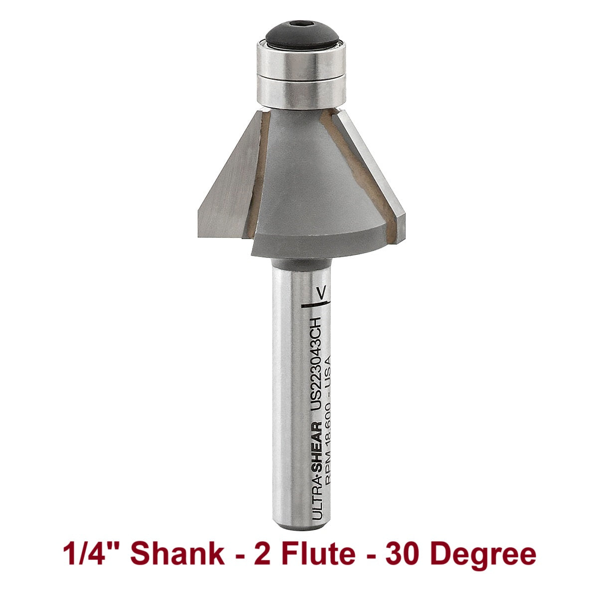 Ultra-Shear Chamfer Bits, Carbide Tipped, 1/4 SH | 30 Degree | 2 Flute | Double Bearing - US223043CH