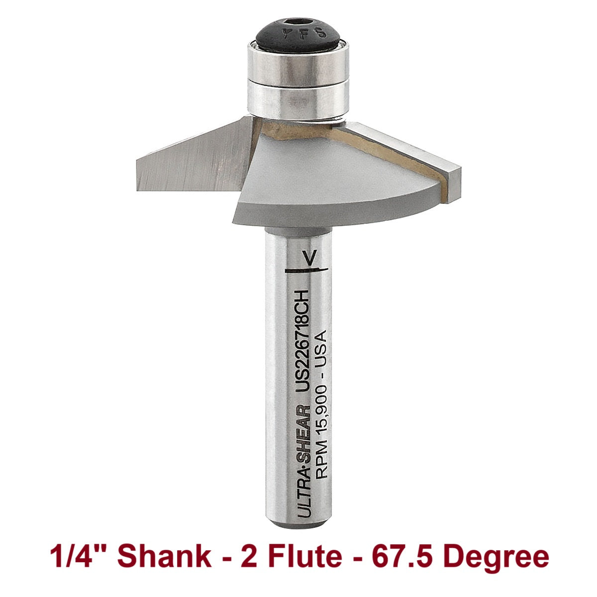 Ultra-Shear Chamfer Bits, Carbide Tipped, 1/4 SH | 67.5 Degree | 2 Flute | Double Bearing - US226718CH