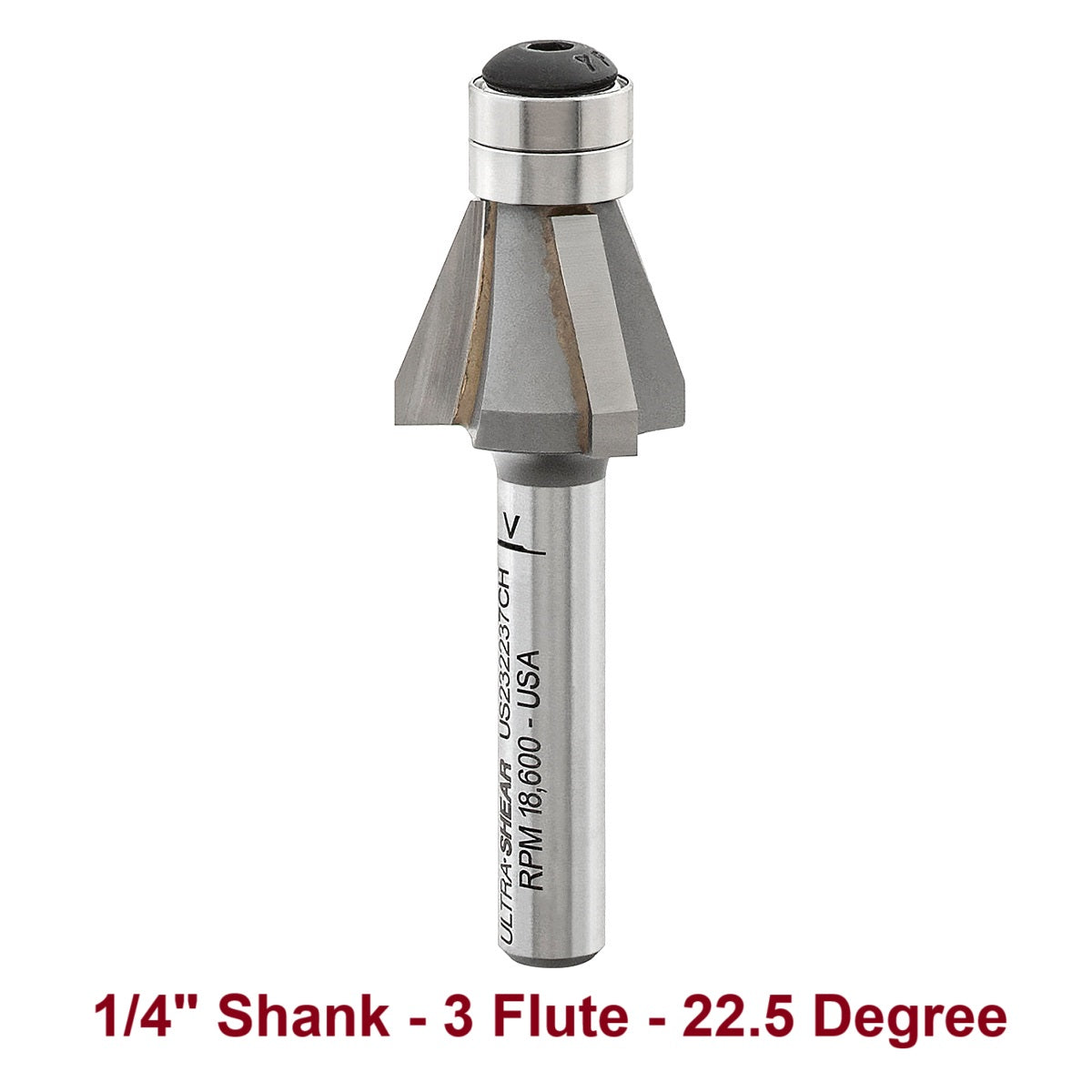 Ultra-Shear Chamfer Bits, Carbide Tipped, 1/4 SH | 22.5 Degree | 3 Flute | Double Bearing - US232237CH