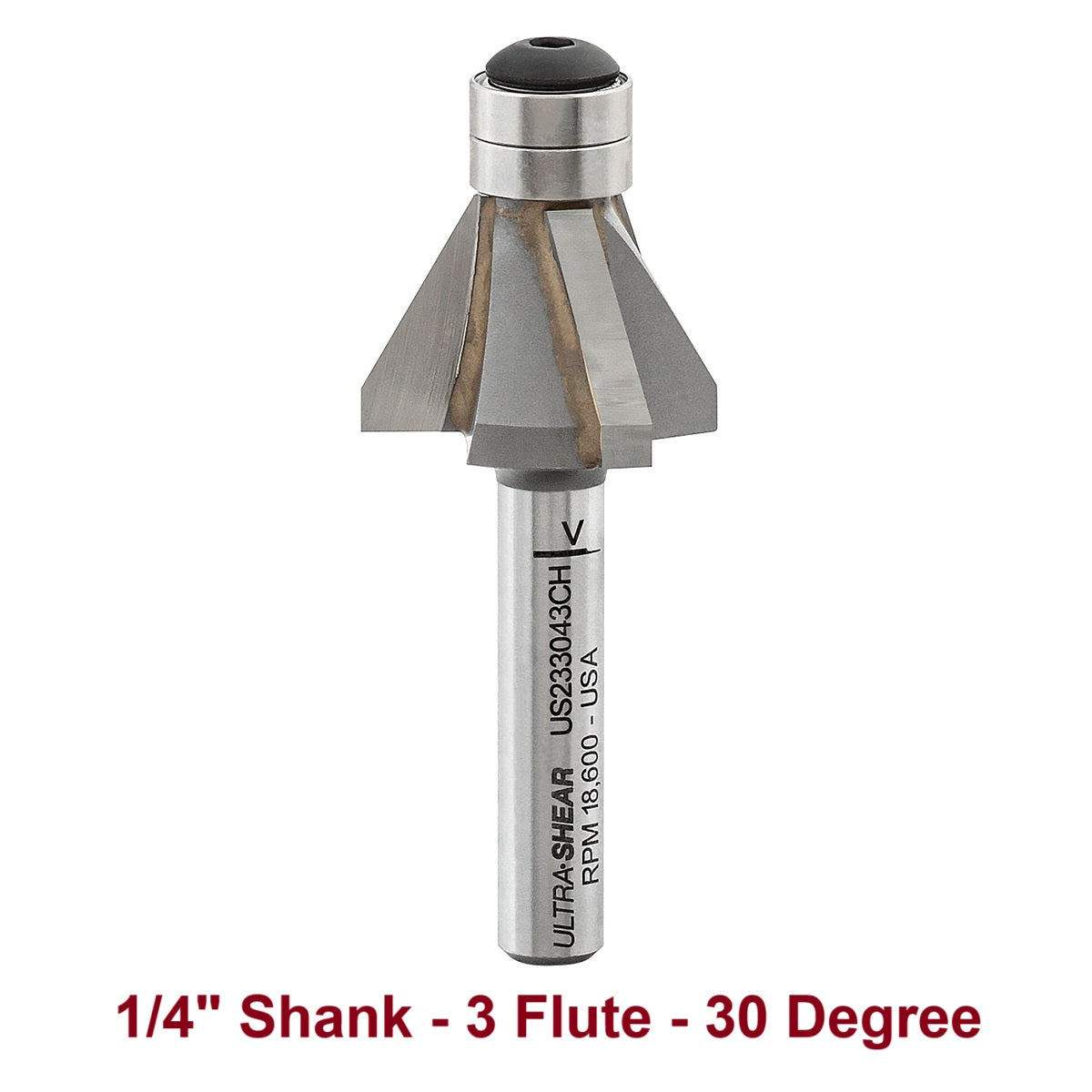 Ultra-Shear Chamfer Bits, Carbide Tipped, 1/4 SH | 30 Degree | 3 Flute | Double Bearing - US233043CH