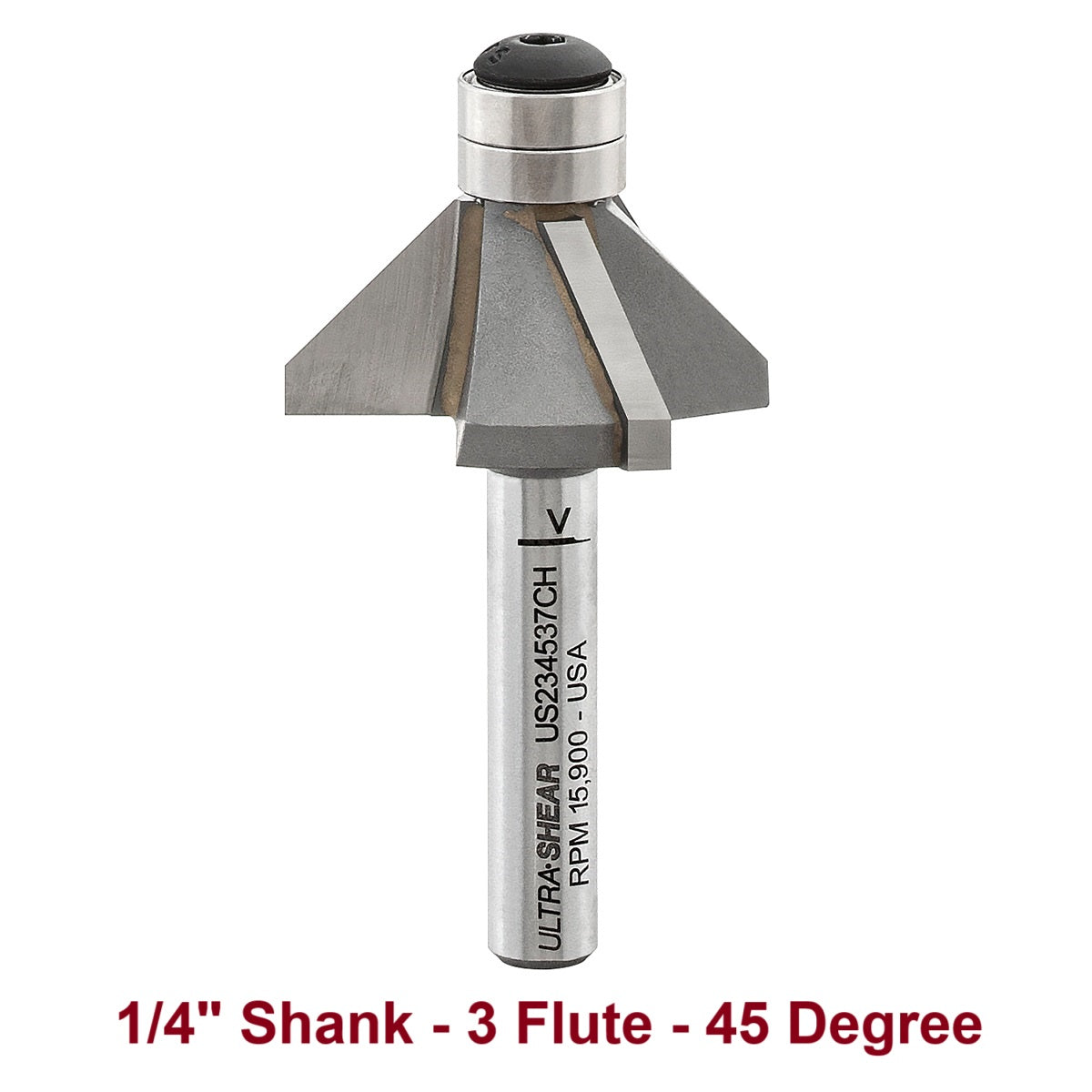 Ultra-Shear Chamfer Bits, Carbide Tipped, 1/4 SH | 45 Degree | 3 Flute | Double Bearing - US234537CH