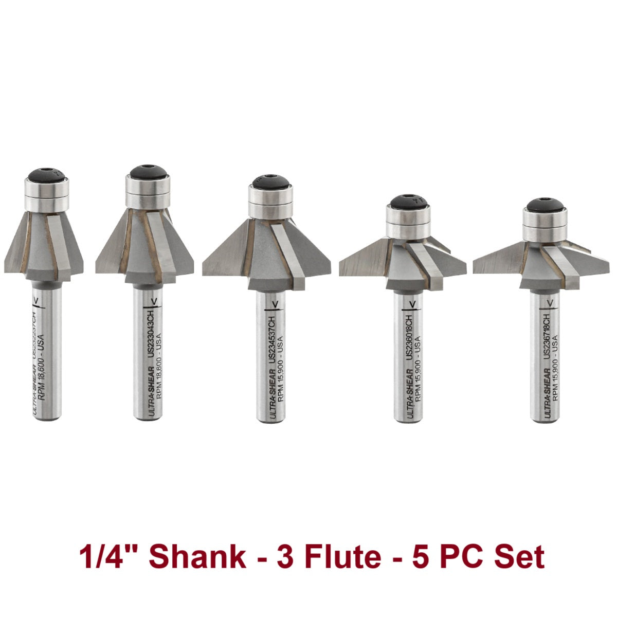 Ultra-Shear Chamfer Bits, Carbide Tipped 5 Piece Set, 1/4 SH | 3 Flute | 22.5 - 67.5 Degree | Double Bearing - US23CH-5PC