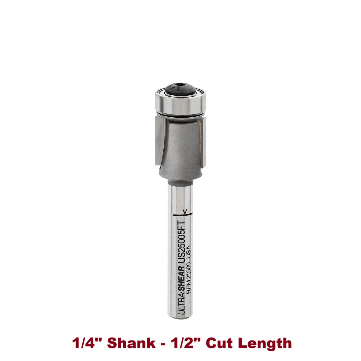 Ultra-Shear Flush Trim Router Bit 1/4 SH | 1/2 CD | 1/2 CL | 2 Flute | Template Bearing | Carbide Tipped | USA Made - US25005FT