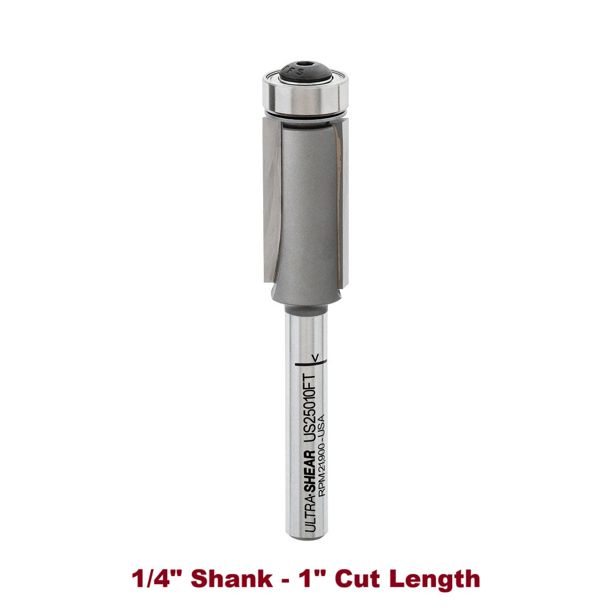 Ultra-Shear Flush Trim Router Bit 1/4 SH | 1/2 CD | 1 CL | 2 Flute | Template Bearing | Carbide Tipped | USA Made - US25010FT