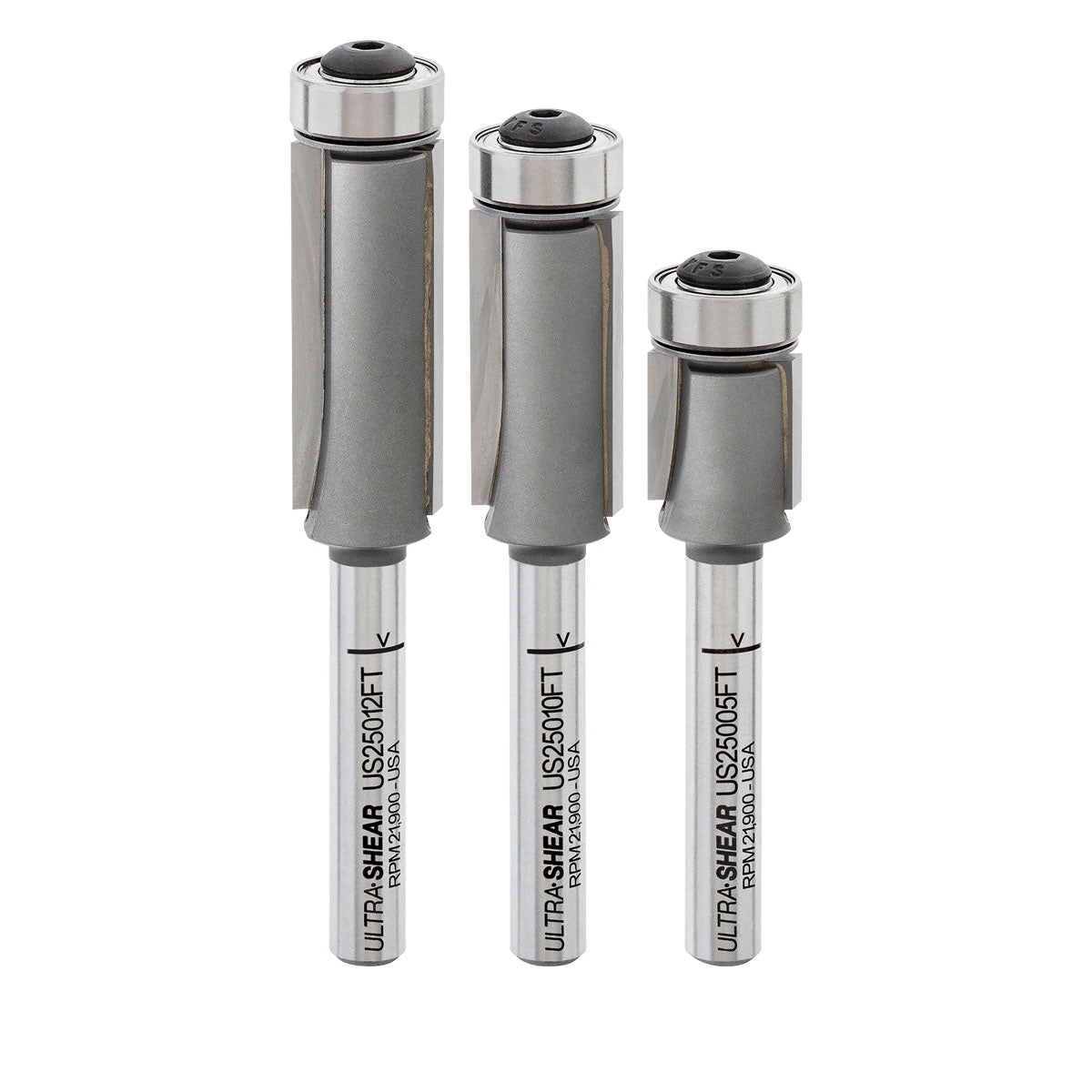 Ultra-Shear Flush Trim Router Bit 3 Piece 1/4 SH Set | 1/2 CD | 2 Flute | Template Bearing | Carbide Tipped | USA Made - US25FT-3PC