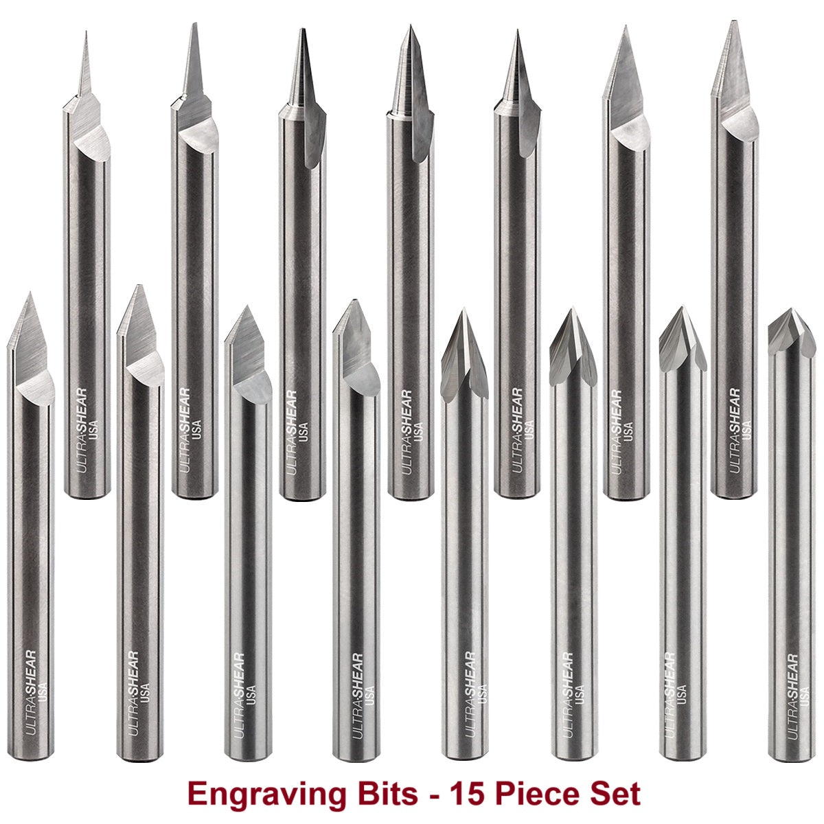 Ultra-Shear Engraving CNC Router Bit Set 1/4 SH | 15 Piece Set | Pencil & Flat Tips | Solid Carbide - US2ENGSE-15PC