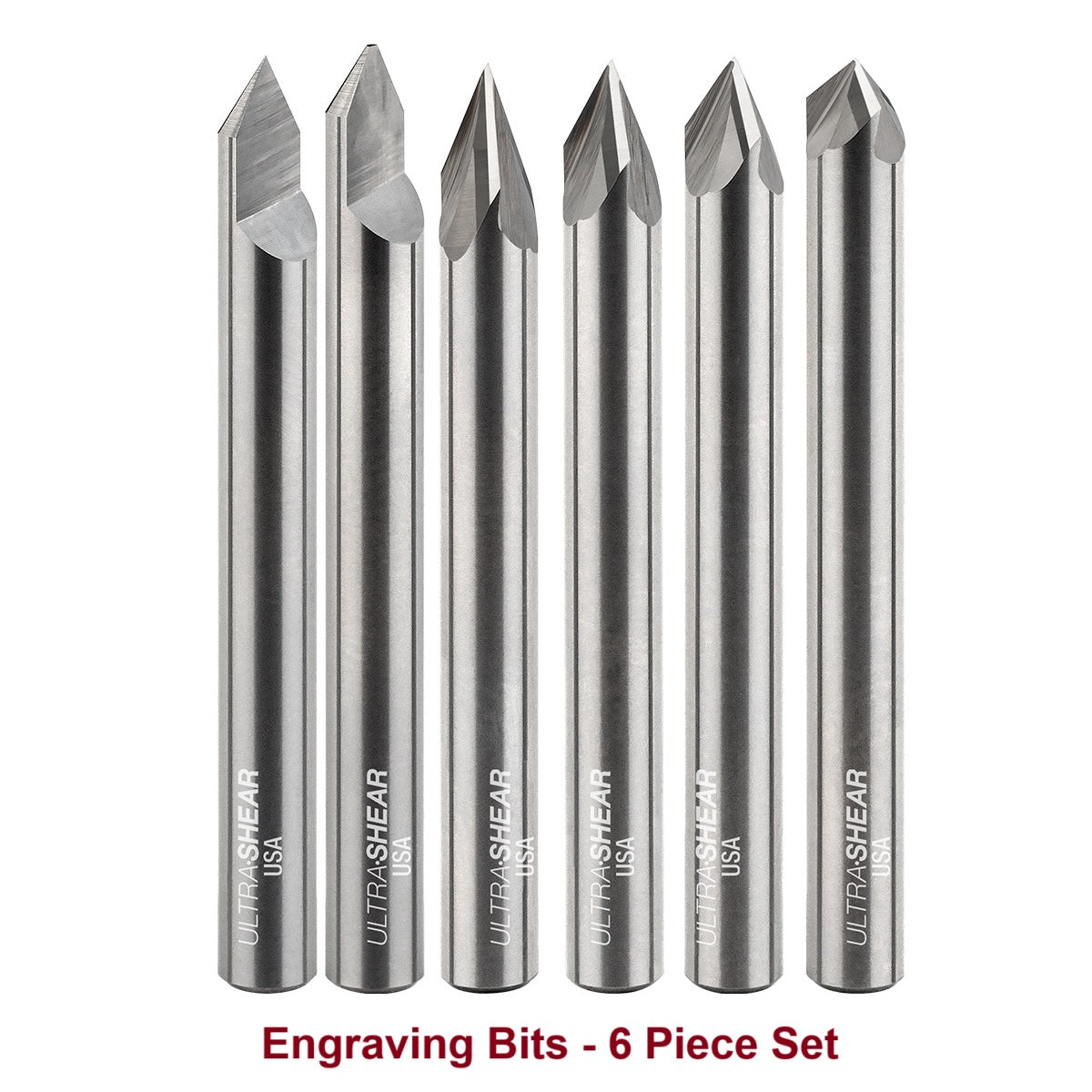 Ultra-Shear Engraving CNC Router Bit Set 1/4 SH | 6 Piece Set | Pencil & Flat Tips | Solid Carbide - US2ENGSET-6PC