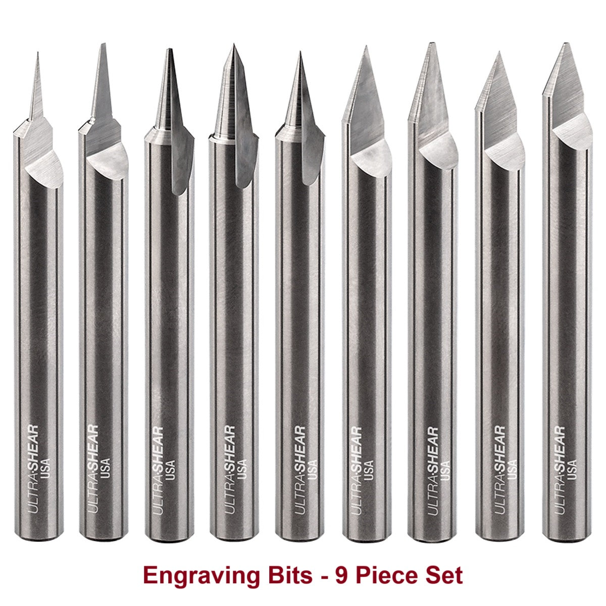 Ultra-Shear Engraving CNC Router Bit Set 1/4 SH | 9 Piece Set | Pencil & Flat Tips | Solid Carbide - US2ENGSET-9PC