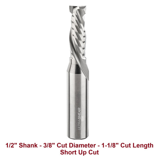 Ultra-Shear Compression CNC Router Bit 1/2 SH | 3/8 CD | 1-1/8 CL | 2 Flute | Short Up-Cut | Solid Carbide | USA Made - US4900C
