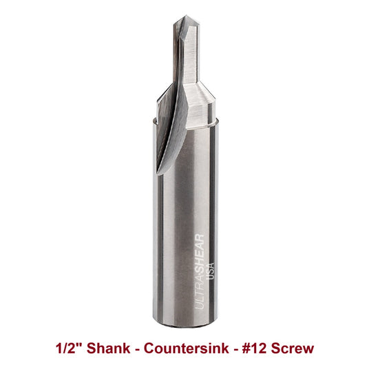 Ultra-Shear Countersink & Screw Slot Router Bit 1/2 SH | #12 Screw | 2 Flute | Solid Carbide | USA Made - US512CS