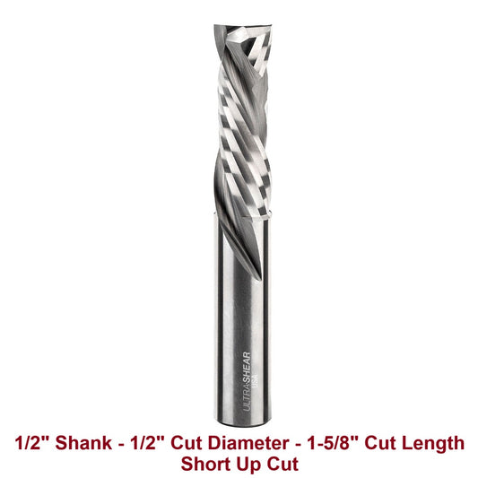 Ultra-Shear Compression CNC Router Bit 1/2 SH | 1/2 CD | 1-5/8 CL | 2 Flute | Short Up-Cut | Solid Carbide | USA Made - US5162C