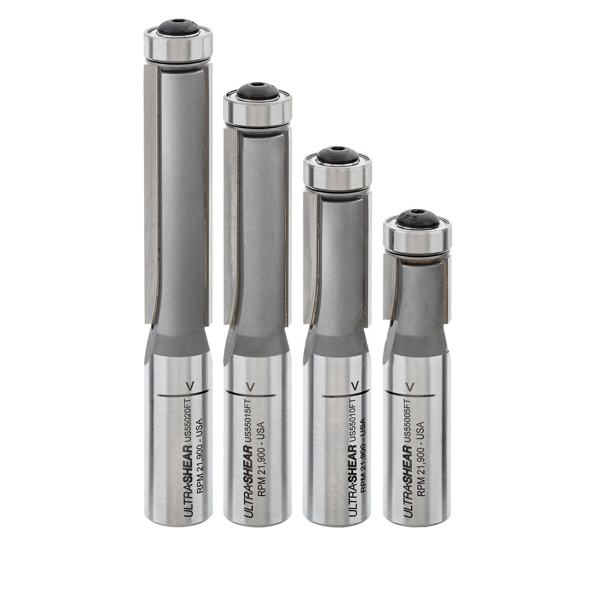 Ultra-Shear Flush Trim Router Bit 4 Piece 1/2 SH Set | 1/2 CD | 2 Flute | Template Bearing | Carbide Tipped | USA Made - US55FT-4PC