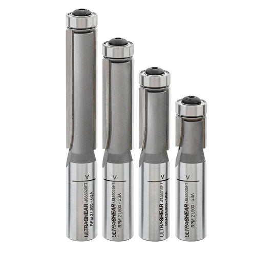 Ultra-Shear Flush Trim Router Bit 4 Piece 1/2 SH Set | 1/2 CD | 2 Flute | Template Bearing | Carbide Tipped | USA Made - US55FT-4PC