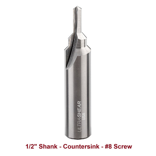 Ultra-Shear Countersink & Screw Slot Router Bit 1/2 SH | #8 Screw | 2 Flute | Solid Carbide | USA Made - US58CS