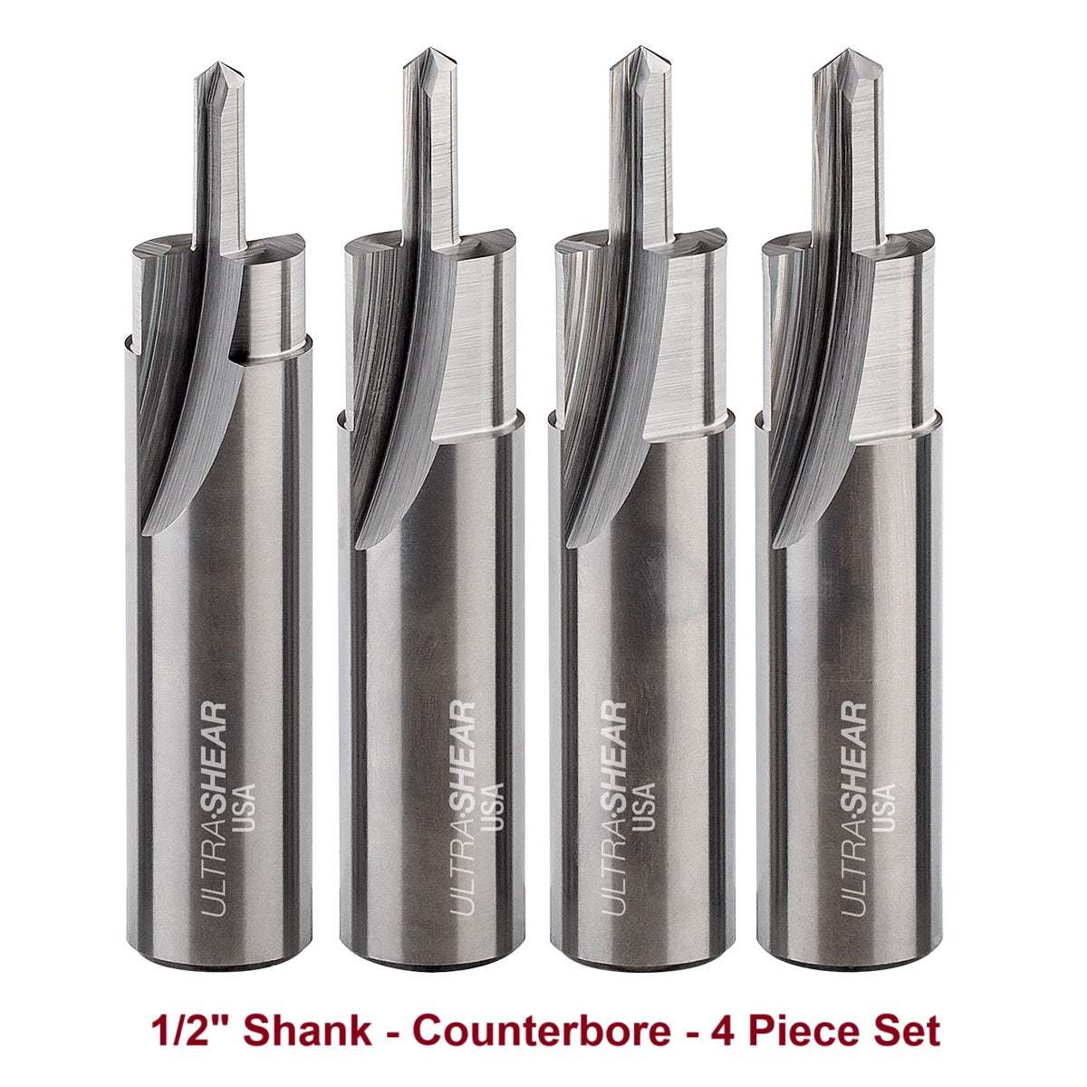 Ultra-Shear Counterbore & Screw Slot Router Bit Set 1/2 SH | #6, #8, #10 & #12 Screw | 2 Flute | Solid Carbide | USA Made - US5CB-4PC