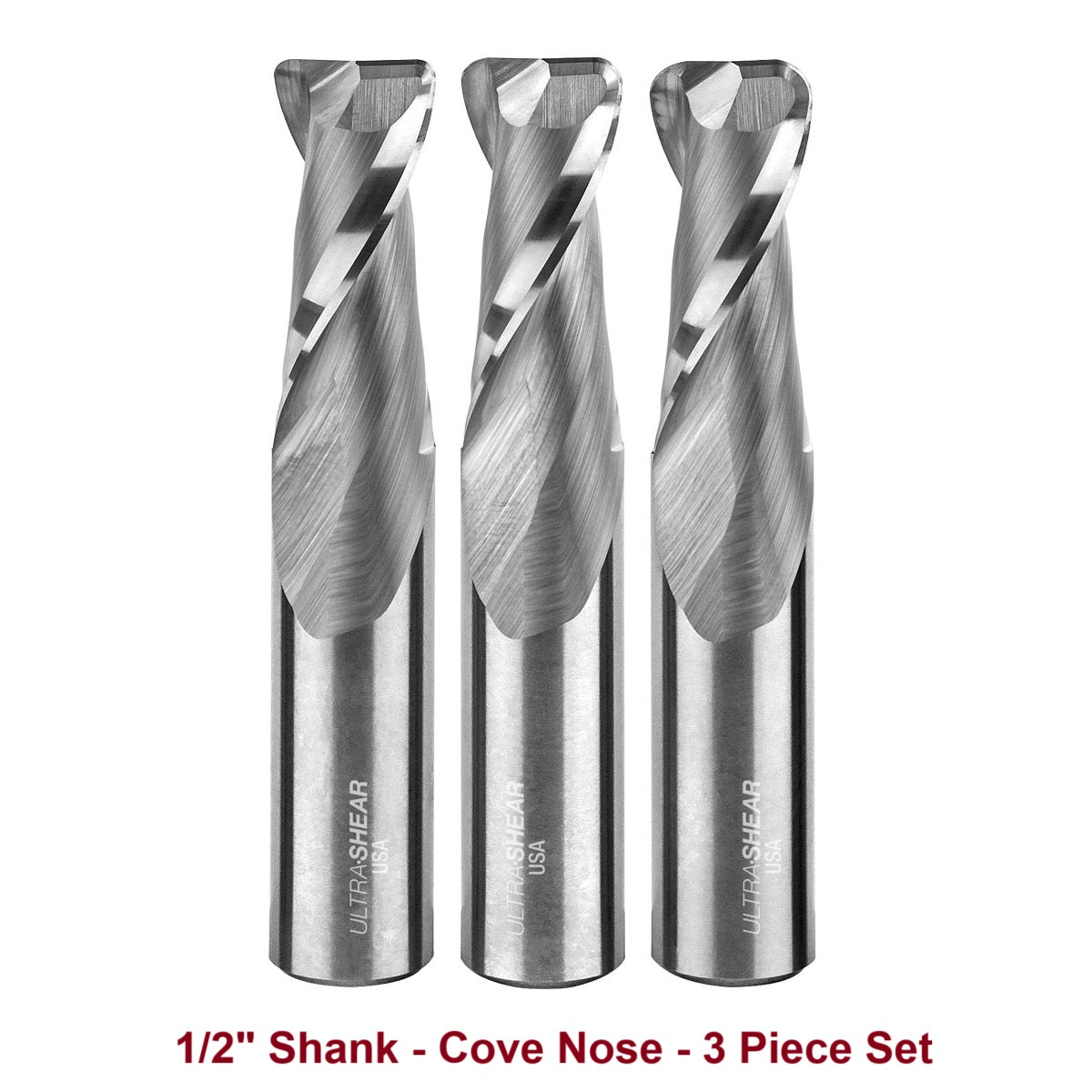 Ultra-Shear Cove Nose CNC Router Bit Set 1/2 SH | 2 Flute | Solid Carbide | Flat Bottom & Curved Edge - US5CNSET-3PC