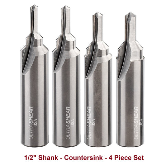 Ultra-Shear Countersink & Screw Slot Router Bit Set 1/2 SH | #6, #8, #10, #12 Screw | 2 Flute | Solid Carbide | USA Made - US5CS-4PC