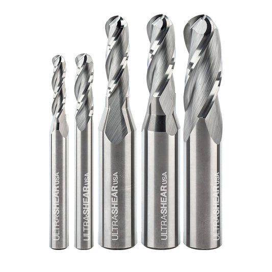 Ultra-Shear Ball Nose CNC Router Bit Set 5 Piece Set, 3 FL, Spiral, Solid Carbide - USBNU-5PC