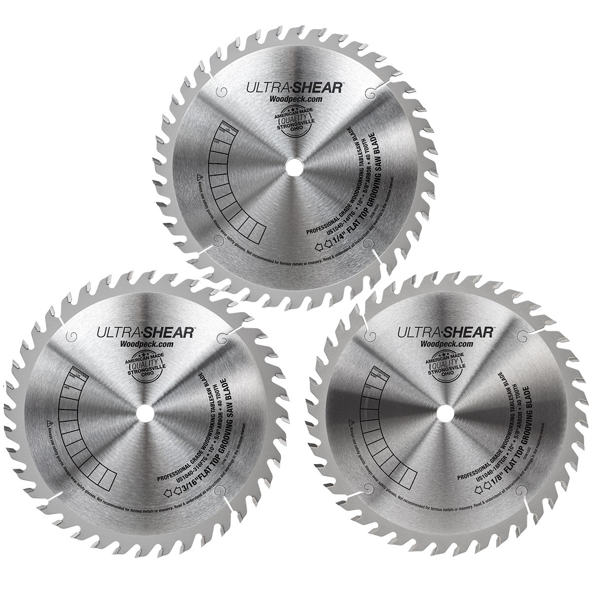 Ultra-Shear Flat Top Saw Blade Set For Joints & Grooves | 10 Inch | 40-Tooth | 3 Kerfs | USA Made - USFTGSET-3PC