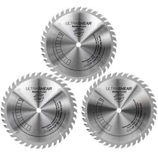 Ultra-Shear Flat Top Saw Blade Set For Joints & Grooves | 10 Inch | 40-Tooth | 3 Kerfs | USA Made - USFTGSET-3PC