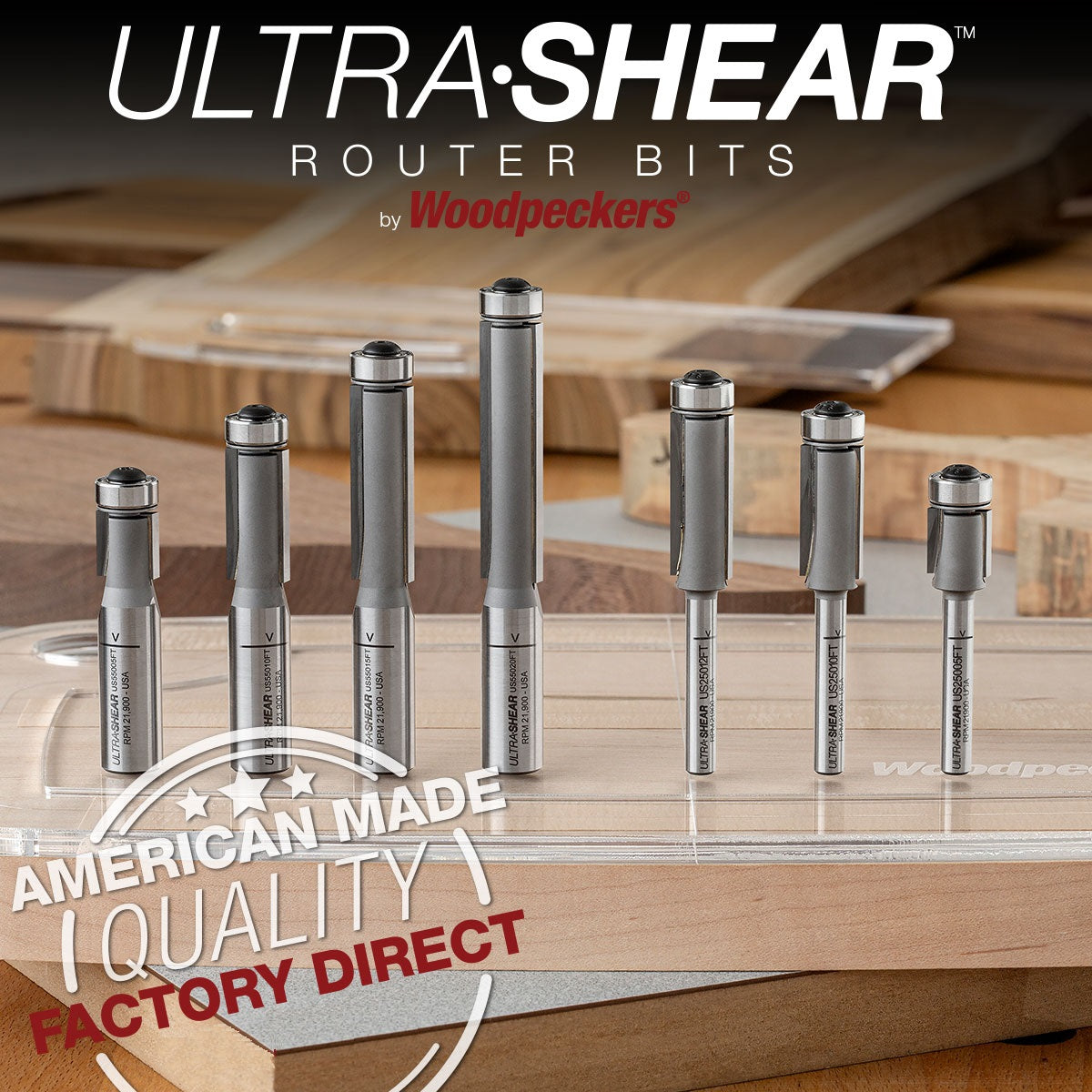 Ultra-Shear Flush Trim Router Bit 1/2 SH | 1/2 CD | 2 CL | 2 Flute | Template Bearing | Carbide Tipped | USA Made - US55020FT