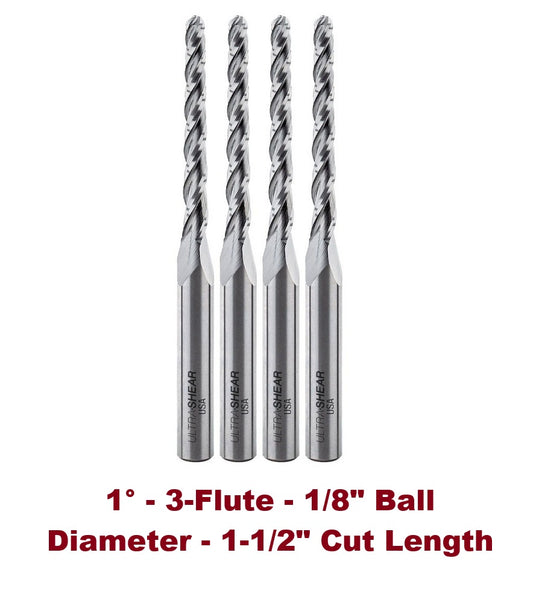Ultra-Shear Conical Ball Nose Router Bit | 4 Pack | 1/4 SH | 1/8 CD | 1-1/2 CL | 3 FL | Spiral | Solid Carbide, Up Cut - US231215CBN-4X