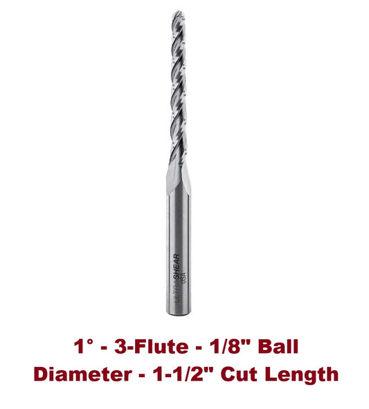 Ultra-Shear Conical Ball Nose Router Bit | 1/4 SH | 1/8 CD | 1-1/2 CL | 3 FL | Spiral | Solid Carbide, Up Cut - US231215CBN