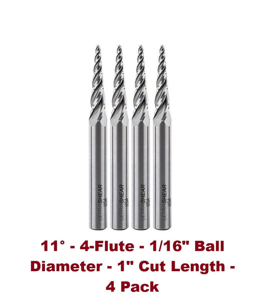 Ultra-Shear Conical Ball Nose Router Bit | 4 Pack | 1/4 SH | 1/16 CD | 1 CL | 4 FL | Spiral | Solid Carbide, Up Cut - US240611CBN-4X
