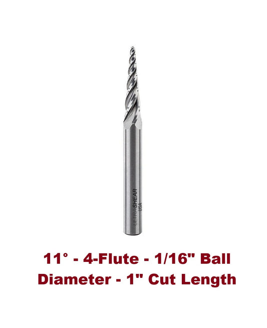 Ultra-Shear Conical Ball Nose Router Bit | 1/4 SH | 1/16 CD | 1 CL | 4 FL | Spiral | Solid Carbide, Up Cut - US240611CBN