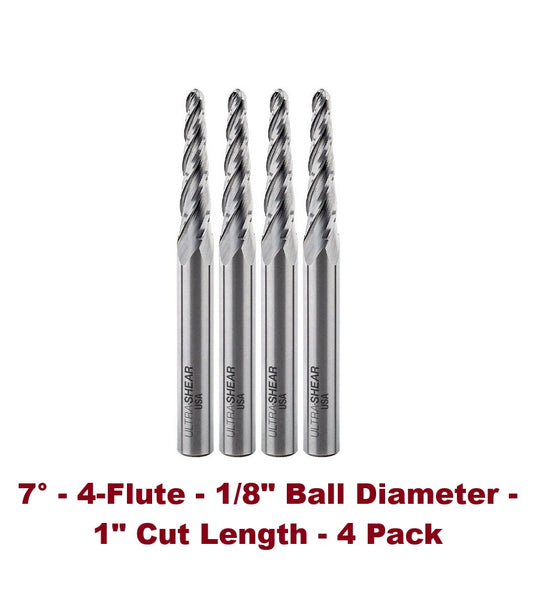 Ultra-Shear Conical Ball Nose Router Bit | 4 Pack | 1/4 SH | 1/8 CD | 1 CL | 4 FL | Spiral | Solid Carbide, Up Cut - US241207CBN-4X