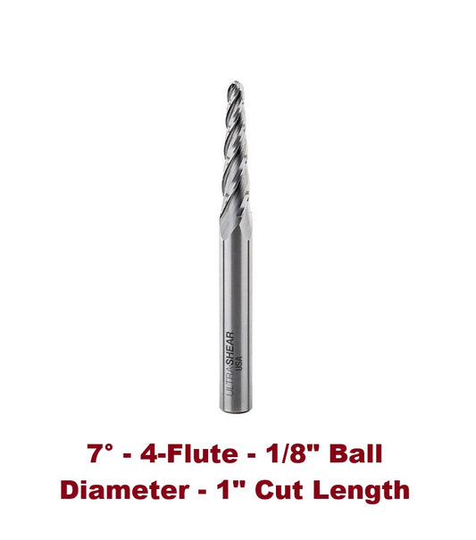 Ultra-Shear Conical Ball Nose Router Bit | 1/4 SH | 1/8 CD | 1 CL | 4 FL | Spiral | Solid Carbide, Up Cut - US241207CBN
