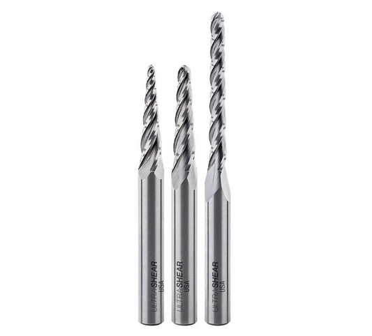 Ultra-Shear Conical Ball Nose Router Bit 3 Piece Set | 1/4 SH | Spiral | Solid Carbide, Up Cut - US2XCBN-3PC
