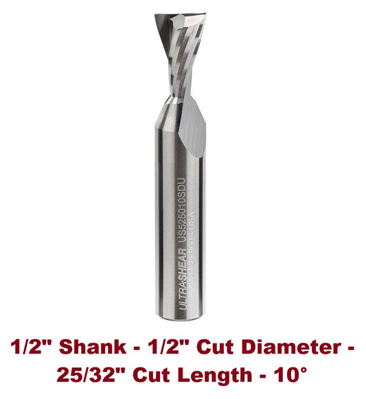 Ultra-Shear Spiral Dovetail Router Bits 1/2 SH | 1/2 CD | 25/32 CL | 2 FL | Solid Carbide, Up Cut - US525010SDU
