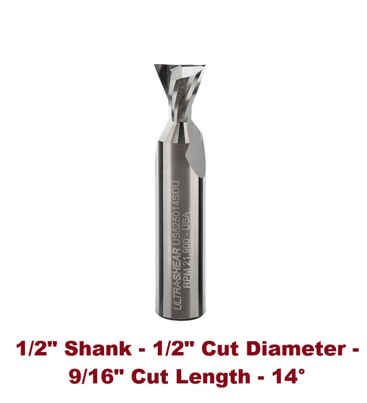 Ultra-Shear Spiral Dovetail Router Bits 1/2 SH | 1/2 CD | 9/16 CL | 2 FL | Solid Carbide, Up Cut - US525014SDU