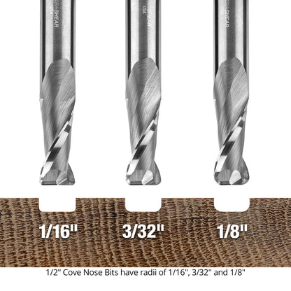 Ultra-Shear Cove Nose CNC Router Bits 1/2 SH | 1/8 Radius | 2 Flute | Solid Carbide | Flat Bottom & Curved Edge - US5018CN