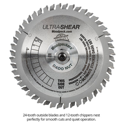 Ultra-Shear Ultimate Dado Stack Saw Blade 12 Piece Set | 8 Inch | 12-Tooth Chippers | 24-Tooth Blades | Magnetic Shims - USDADO8