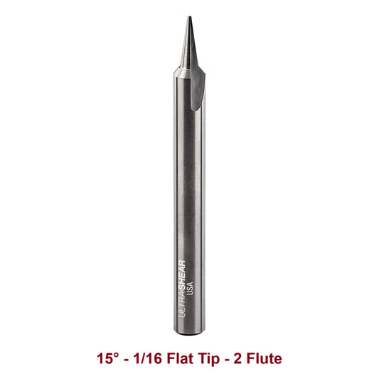 Ultra-Shear Engraving CNC Router Bits 1/4 SH | 15° Angle | 1/16 Flat Tip | 2 Flute | Solid Carbide - US21516EF