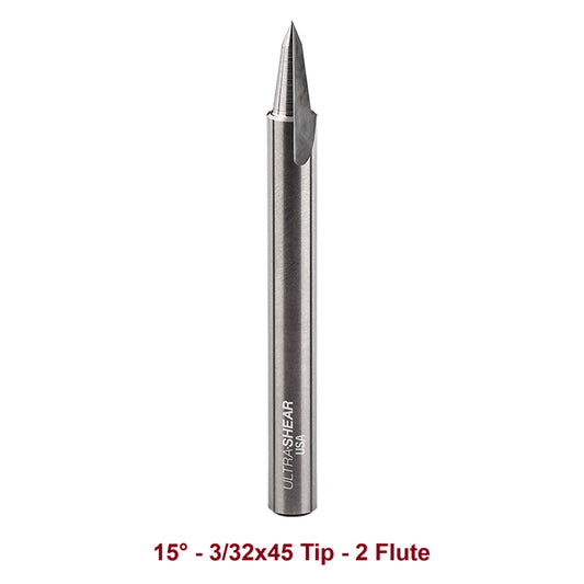 Ultra-Shear Engraving CNC Router Bits 1/4 SH | 15° Angle | 3/32x45 Tip | 2 Flute | Solid Carbide - US21545E