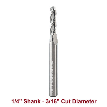 Ultra-Shear Ball Nose CNC Router Bits 1/4 SH | 3/16 CD | 1/2 CL | 3 FL, Spiral, Solid Carbide - US2188BNU