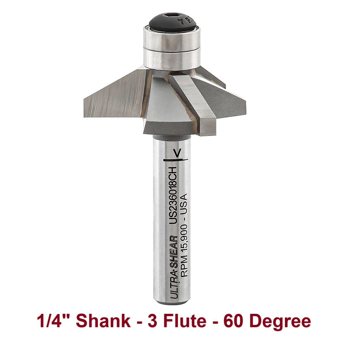 Ultra-Shear Chamfer Bits, Carbide Tipped, 1/4 SH | 60 Degree | 3 Flute | Double Bearing - US236018CH
