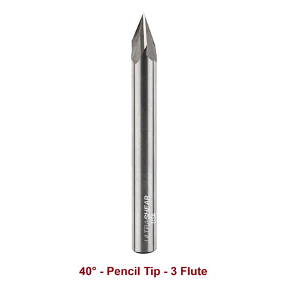 Ultra-Shear Engraving CNC Router Bits 1/4 SH | 40° Angle | Pencil Tip | 3 Flute | Solid Carbide - US2403FEP