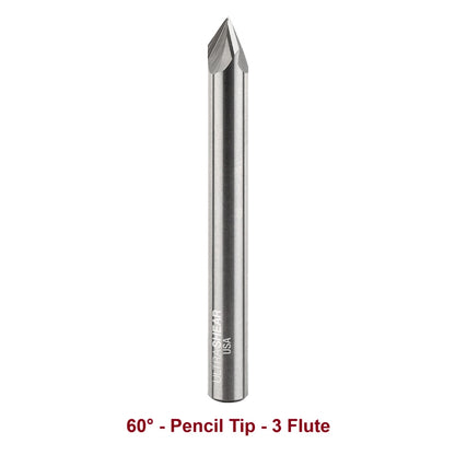 Ultra-Shear Engraving CNC Router Bits 1/4 SH | 60° Angle | Pencil Tip | 3 Flute | Solid Carbide - US2603FEP